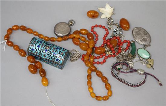 Mixed items including silver jewellery, silver and enamel box, silver fob watch and other items including faux amber necklace.